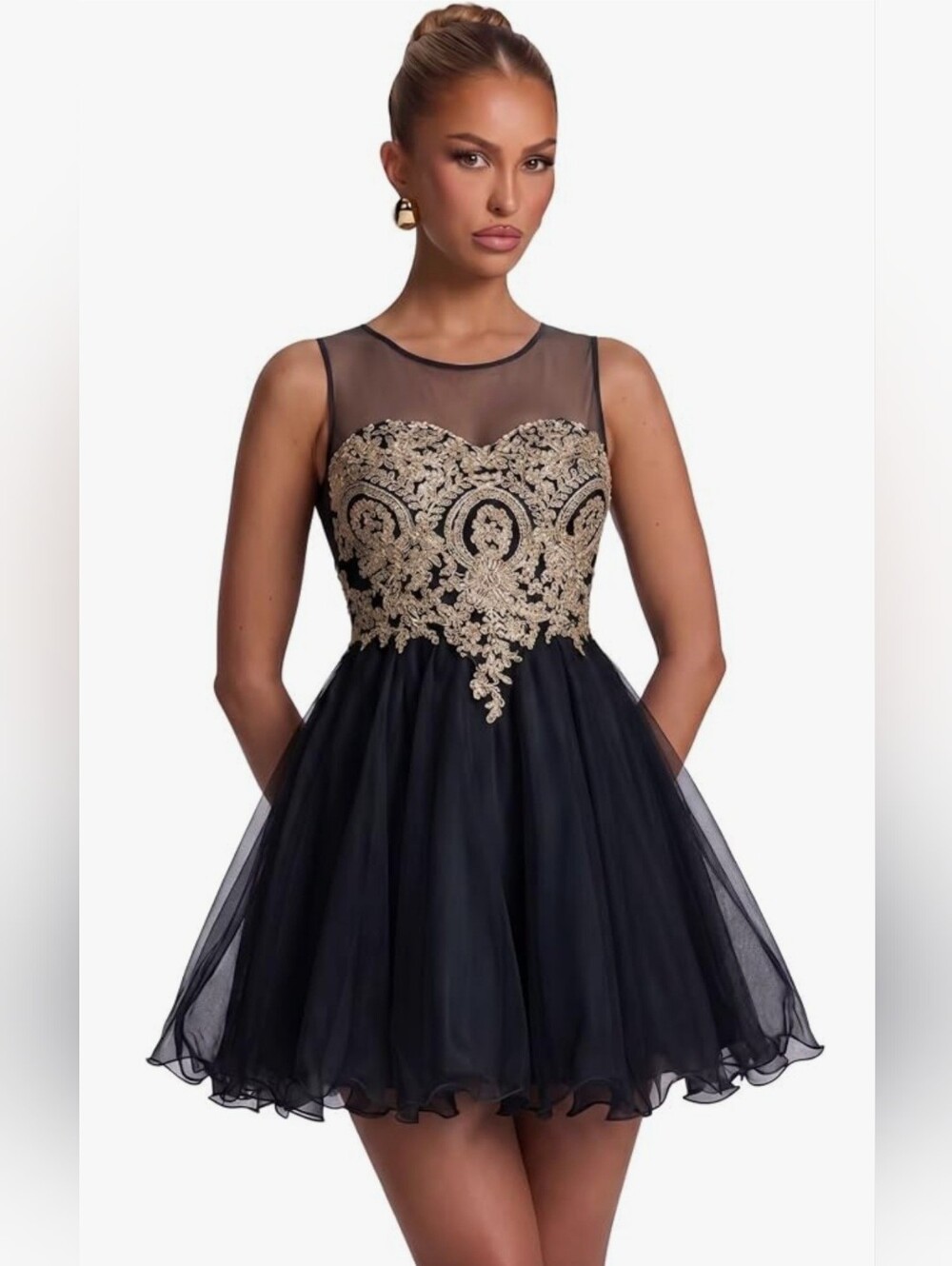 Junior Girls Sz M Sleeveless Black Tulle Party Dress with Gold Lace Appliqué